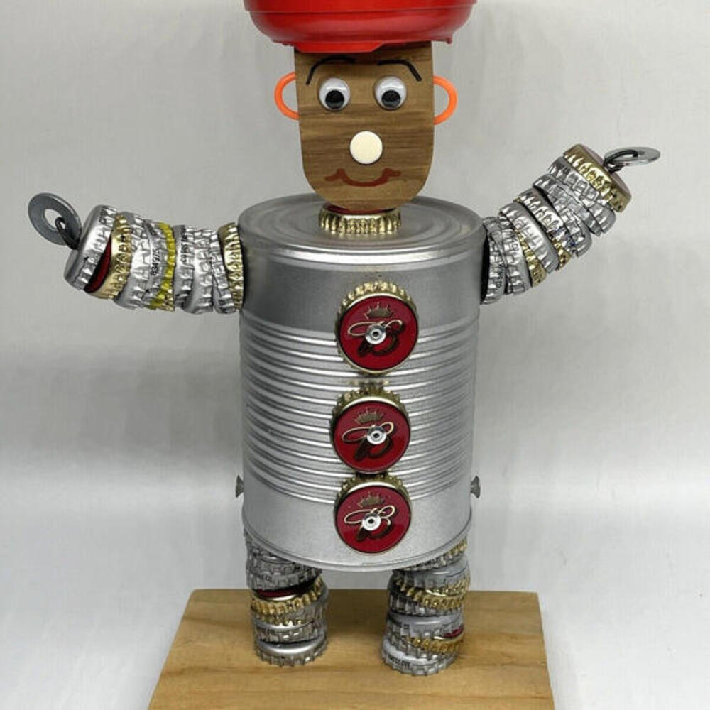 Vintage Budweiser Beer Can Bottle Cap Man Folk Art Ashtray Barware 11"